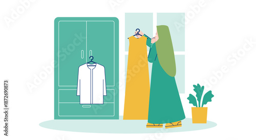 Muslim Woman Preparing Clothes for Tomorrow Flat Illustration
