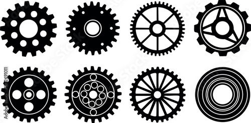 Various mechanical gears vector set with different tooth designs and circular shapes for engineering and industry use