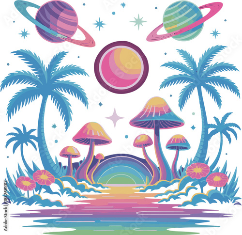 Tropical beach vector illustration with palm trees ocean waves sandy shore and sunny summer landscape