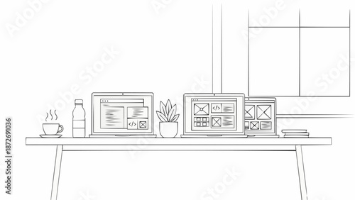 Two laptops on a desk with a coffee cup and plant.