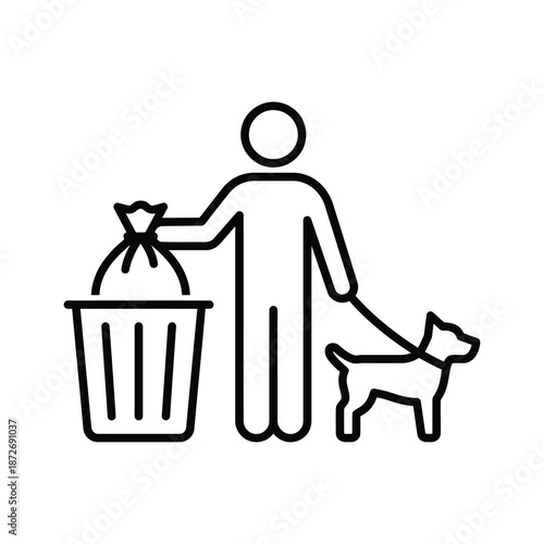 a person walking a dog while holding a trash bag next to a waste bin