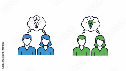 Two pairs of people thinking of ideas with lightbulbs above their heads.