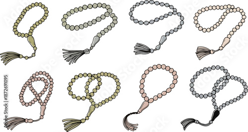 Islamic Prayer Beads Set Illustration, Misbaha Tasbih Collection for Ramadan Kareem and Eid Mubarak Design Elements in Hand Drawn Line Art Style