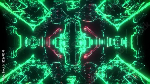 Futuristic neon circuit board with glowing green and red lights.