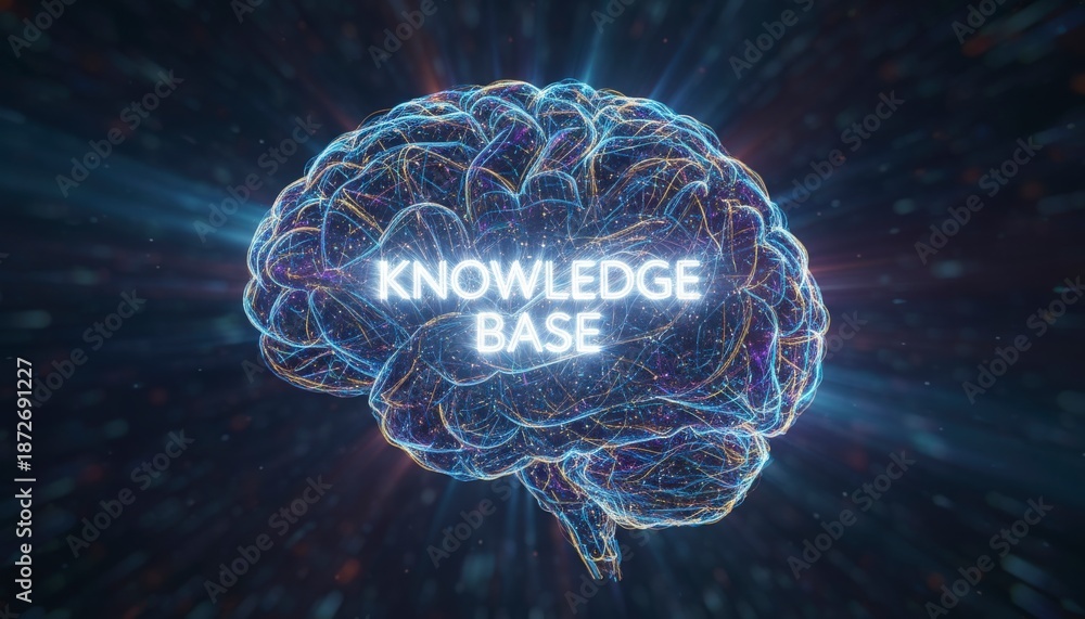 Obraz premium Digital Knowledge Base Text Over Glowing Wireframe Human Brain Model