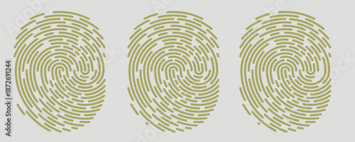 Set of three abstract fingerprint icons unique swirling pattern design for identity and security concepts isolated on light background