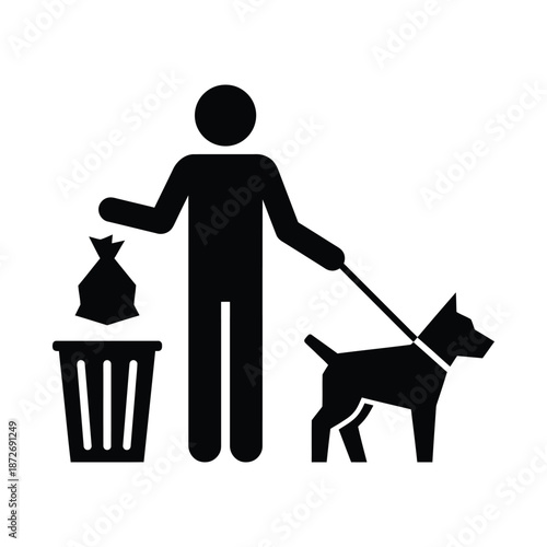 A simple black and white pictogram depicting a person walking a dog and disposing of waste