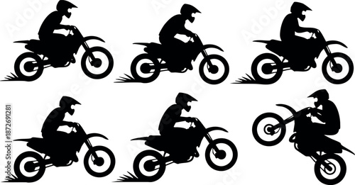 Motorbike rider performing stunts on dirt bike silhouette vector set with motion effect and helmeted rider in action