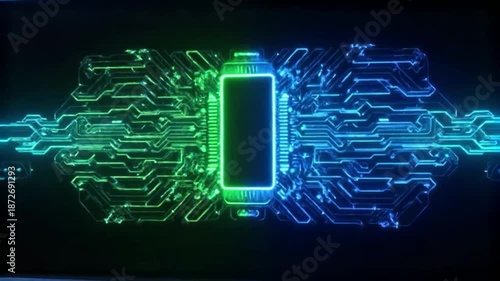 Futuristic battery with glowing circuit board and neon lights.