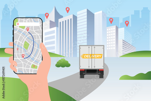 Delivery service truck on map. Online app tracking, city background