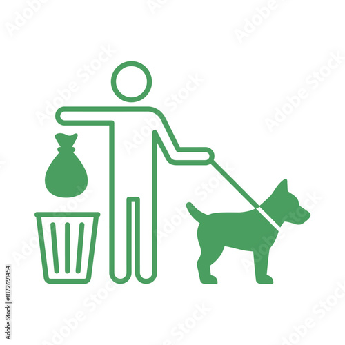 A person walking a dog and responsibly disposing of waste in a public trash receptacle