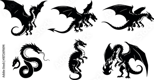 Dragon silhouettes in various poses vector design for fantasy and mythical creature illustration