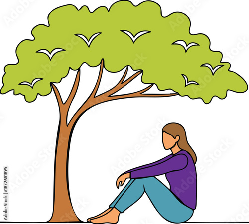 Woman resting alone under green tree outdoors enjoying nature shade