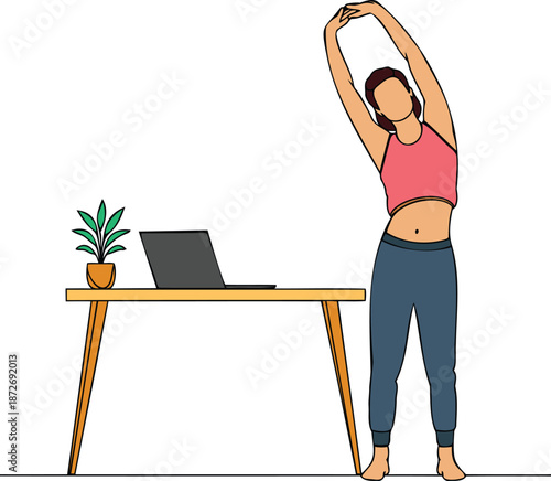 Woman doing stretching exercise while working from home office flat illustration