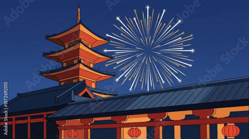 Landscape vector illustration : traditional Asian temple, Chinese pagoda, fireworks exploding, night sky - Chinese New festive, Lunar celebration, Beijing China travel, tourism, Japan trip