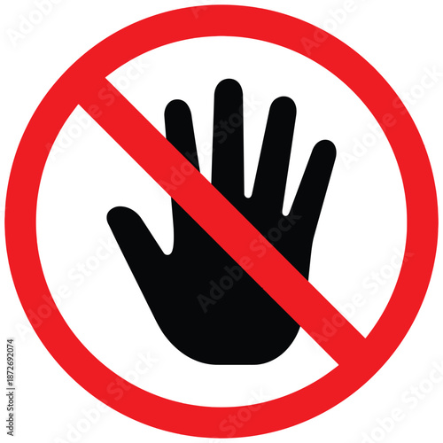 Fényképezés A striking red prohibition sign featuring a black hand symbol within a circular
