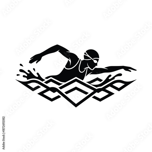 A stylized black and white illustration depicts a swimmer in action cutting through water waves