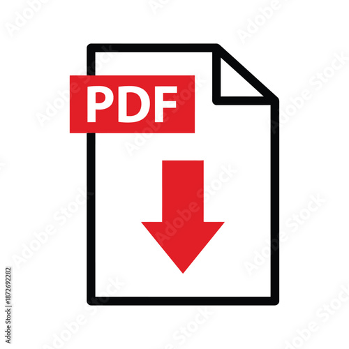 A simple flat vector icon depicting a red pdf file with a download arrow symbol