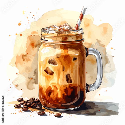 Refreshing Iced Coffee in a Mason Jar with Cream and Ice.
