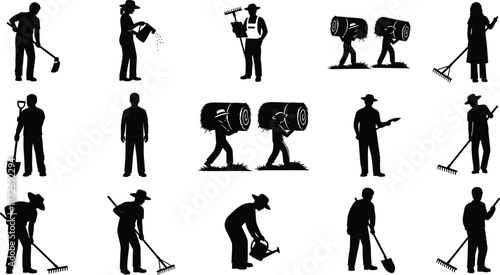 Collection of silhouettes showing farmers and gardeners performing agricultural tasks with tools isolated on white background for labor and design use