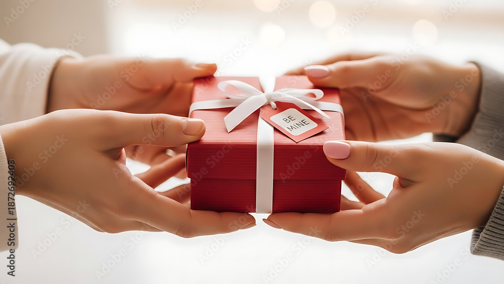 Fototapeta premium Hands Exchanging Red Gift Box with Ribbon.