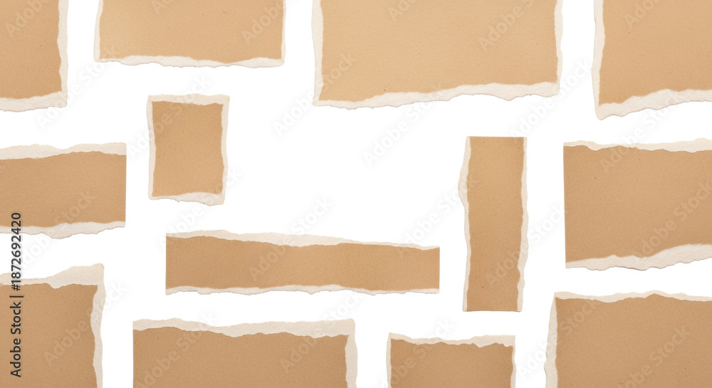 Fototapeta premium Light brown kraft torn paper pieces with irregular ragged edges and vintage texture, scattered on a transparent background with copy space, top-down view, soft shadows, versatile rustic background