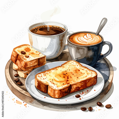 Toast with butter and coffee cups.