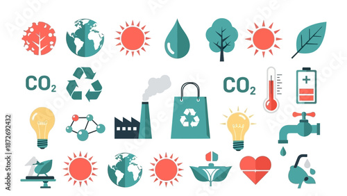 A collection of flat design icons representing environmental concepts, including renewable energy, pollution, and conservation efforts.