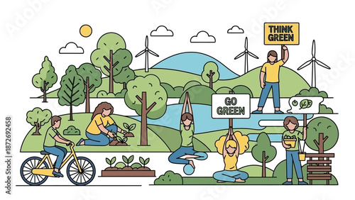 Illustration of people engaging in eco-friendly activities in a green landscape with windmills and trees.