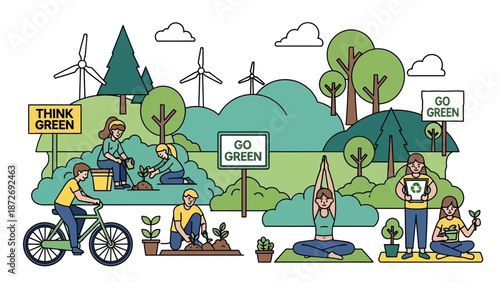 Illustration of people engaging in eco-friendly activities like cycling, gardening, and yoga amidst a green landscape with wind turbines.