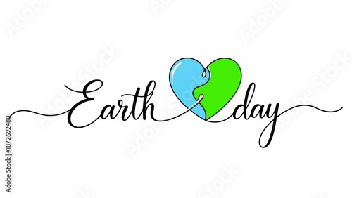 A stylized illustration of the words "Earth Day" with a heart symbol formed by two puzzle pieces, one blue and one green, representing the planet.