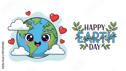 Cute cartoon Earth with hearts and clouds, celebrating Happy Earth Day with leafy text.