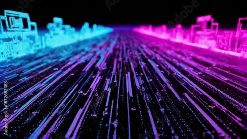 Vibrant Neon Cityscape with Futuristic Data Streams.