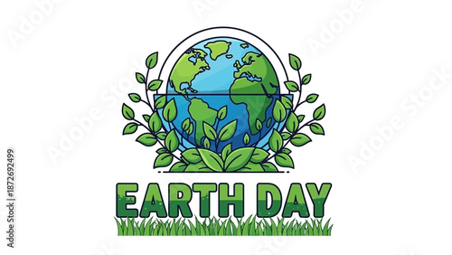 Illustration of Earth Day with a vibrant globe surrounded by green leaves and grass, symbolizing environmental protection and nature.