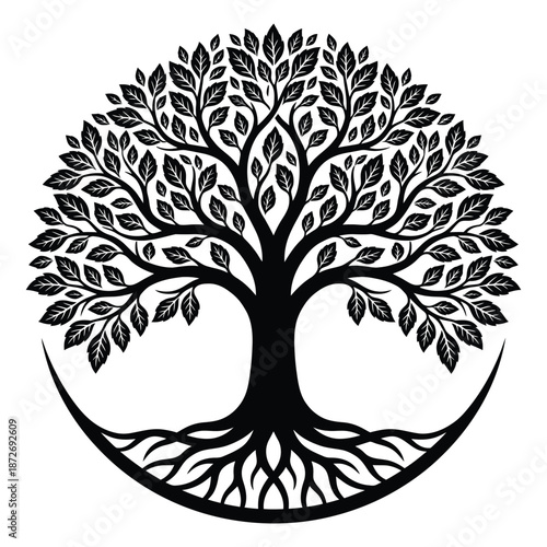 Detailed black and white illustration of a tree of life with intricate roots and foliage