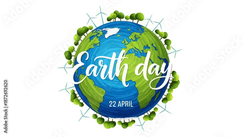 Earth Day illustration with the planet Earth surrounded by trees and wind turbines, celebrating environmental awareness on April 22nd.