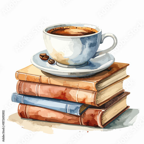 Watercolor Coffee Cup on Stacked Books.