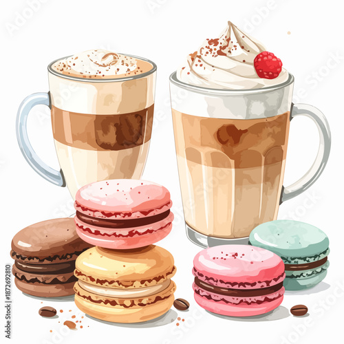 Macarons and Coffee in Glass Mugs.