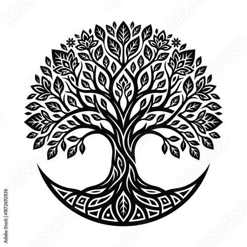 An intricate black and white illustration of a tree of life with detailed leaves and roots