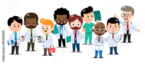 Large diverse group of cute cartoon doctors and surgeons. Multicultural medical team in white coats and scrubs with equipment. Inclusive healthcare vector illustration