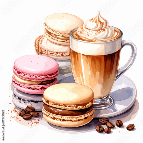 Macarons and Coffee Cup with Whipped Cream.