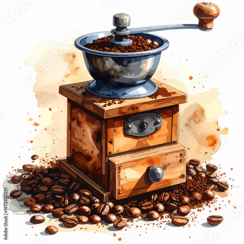 Vintage Coffee Grinder with Coffee Beans.