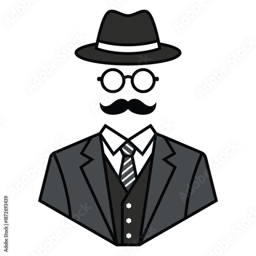 A stylized illustration depicts a man s face composed of a hat glasses mustache and suit