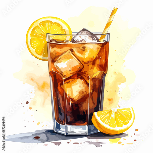 Refreshing iced drink with lemon and straw watercolor art.