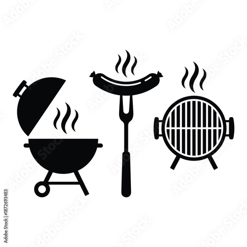 Black and white illustration depicting grilling tools and a sizzling sausage on a fork