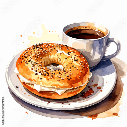 Delicious Everything Bagel with Cream Cheese and Hot Coffee Breakfast.
