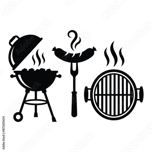 Black and white icons representing various barbecue tools and food items for grilling outdoors