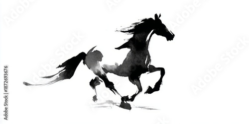 Elegant horse galloping, black ink on white, isolated design element.