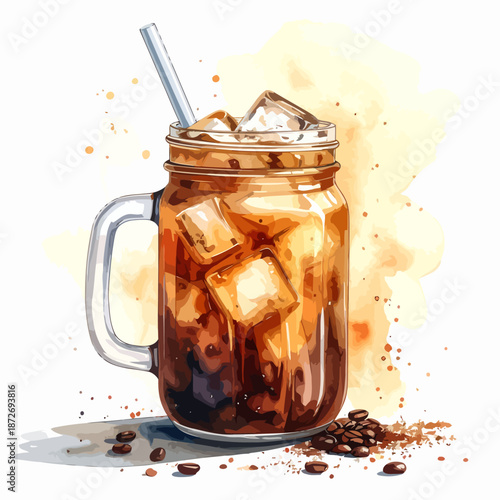 Refreshing Iced Coffee in Mason Jar Watercolor Illustration.