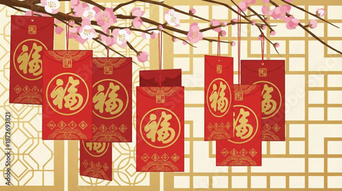 Vector illustration of hanging chinese red envelope from cherry blossom - Chinese New Year decoration, Lunar celebration, spring festival, luck, prosperity, wealth blessings, good fortune symbol 